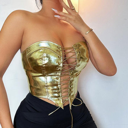 Metallic Coated Fabric Women Clothing Hipster Sexy Bandeau Sexy Top Waist Corset Slim Fit Tank Top