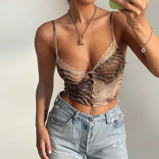 Women Clothing Summer Mesh Printed V neck Lace Crop Top Spaghetti Strap Small Vest