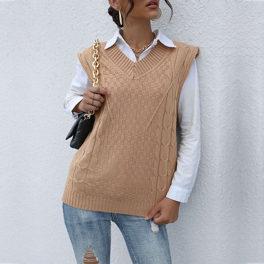 Autumn Winter Fashionable Knitted Solid Color Cable Knit Sweater Vest for Women