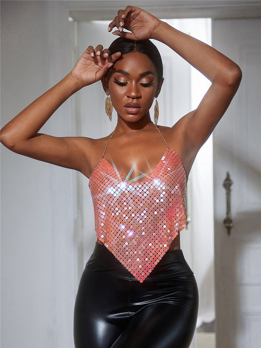 Criss Cross Mirror Women Clothing Bar Nightclub Backless Sexy Metal Crop Top Spaghetti Strap Tube Top