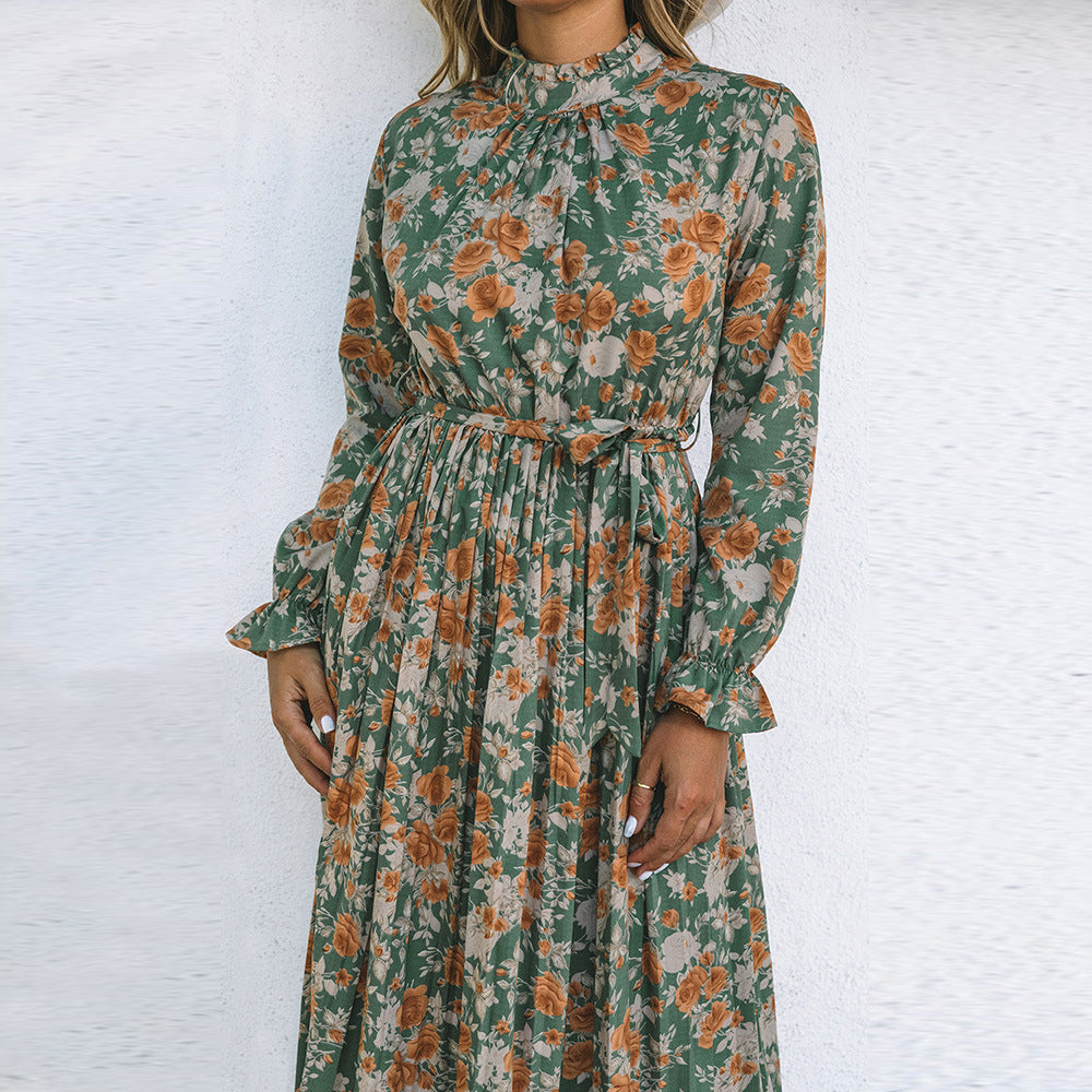 Green Pleated Long Sleeved Floral Dress with Tie Waist Trimming Dress