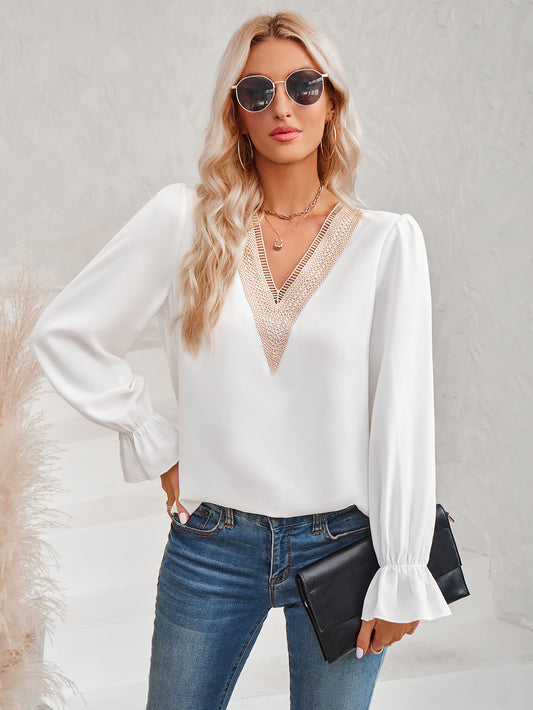 Autumn Winter Women Clothing Casual Solid Color V neck Lace Ruffle Sleeve Loose Top
