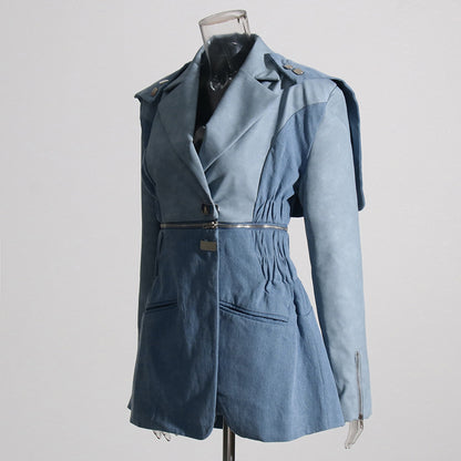 Autumn Retro Korean Niche Design Stitching Long Sleeve Casual Waist Tight Slimming Denim Jacket Women