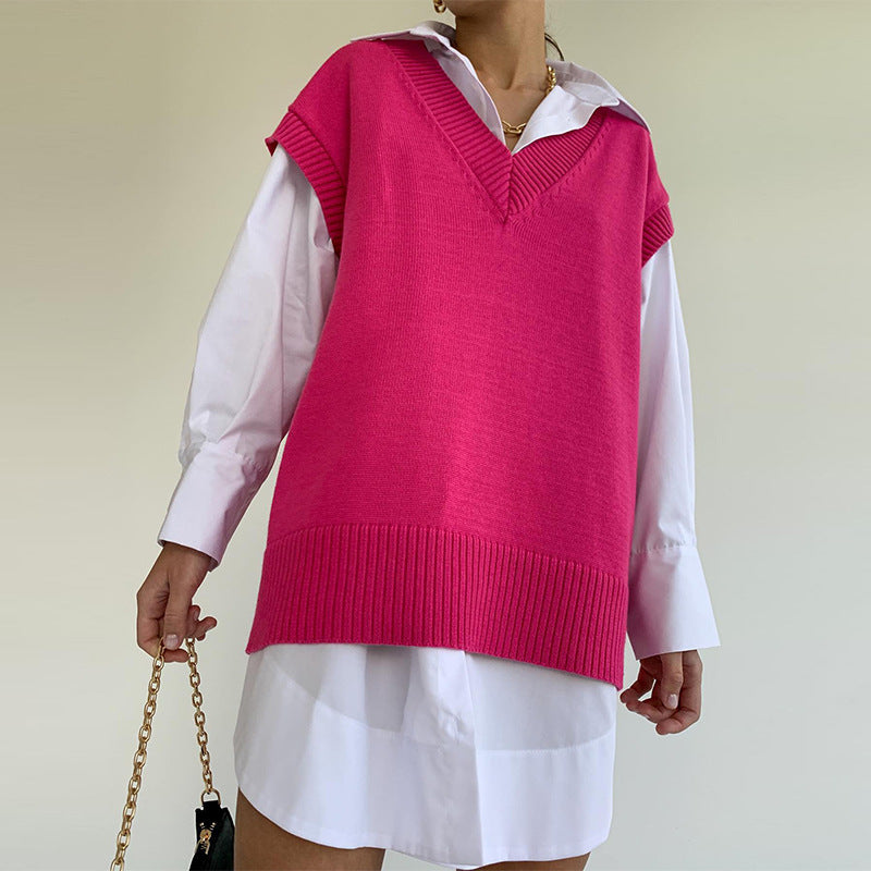Loose V Neck Knitted Sweater Vest Women Polo Autumn Winter Sleeveless Knitwear Women