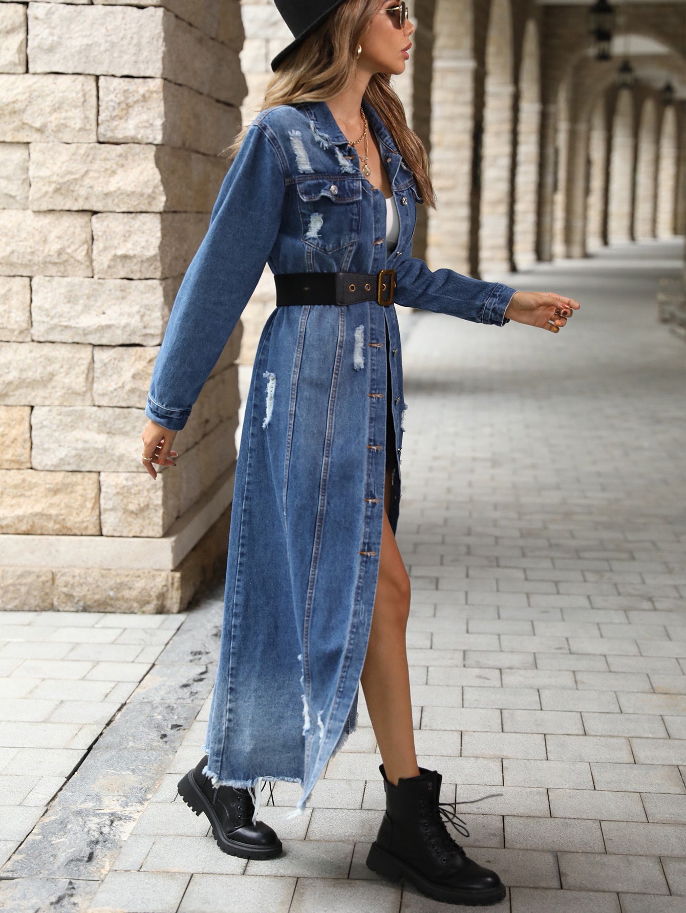 Retro Waist Controlled Slimming Long Sleeve Denim Dress Women