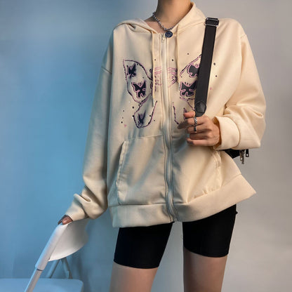 Autumn Winter Casual Butterfly Print Zipper Hooded Cardigan Thin All Matching Sweater for Women