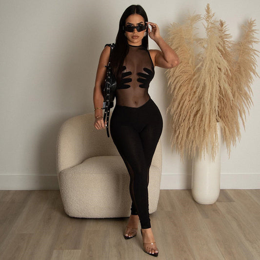 Sleeveless Sexy Pattern Palm round Neck See through Mesh Jumpsuit