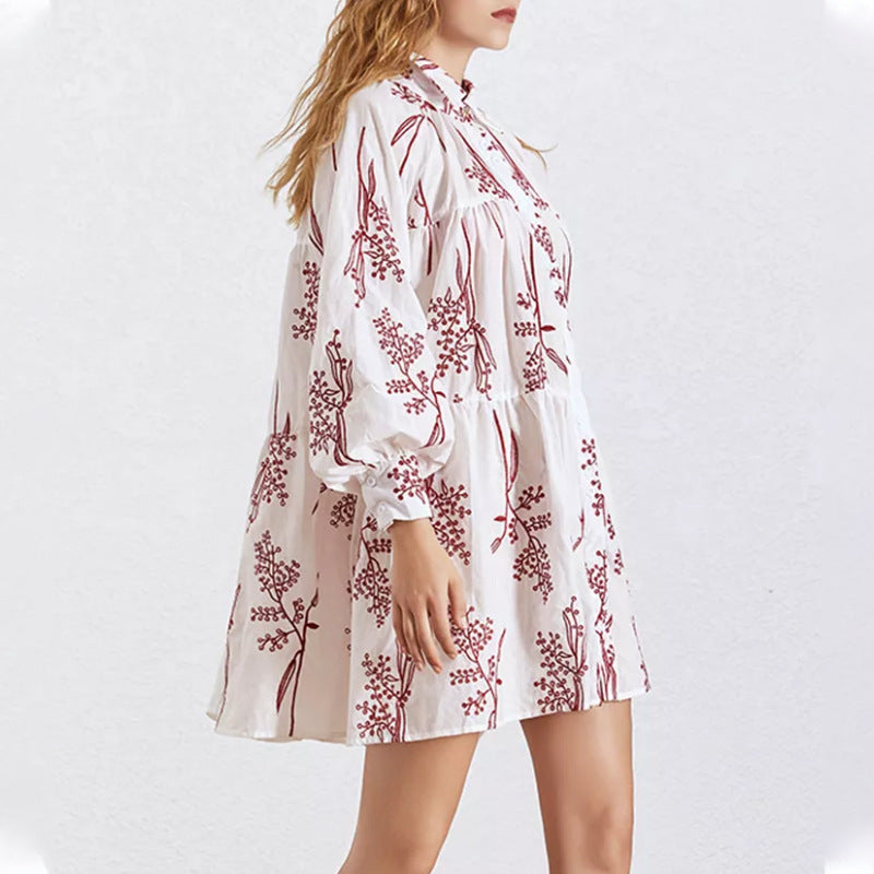 Sweet Collared Single Breasted Floral Embroidered Blouse Short Dress Spring Autumn