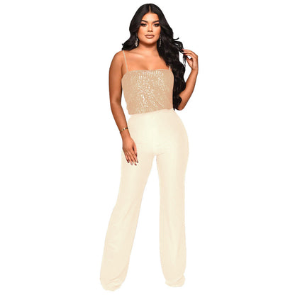 Women Pants Suspender Sequined Jumpsuit