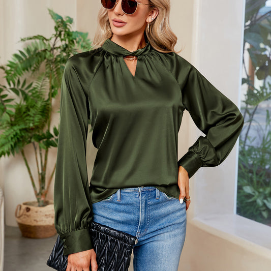 Women Satin Silk Blouse Tops V neck Long Sleeve Loose Shirt Summer Tops Casual Blouse Tops