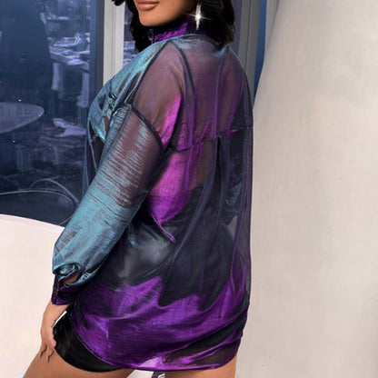 Spot Personalized Laser Magic Color Color Bright Silk See-through Loose Elegant Long Sleeve Blouse