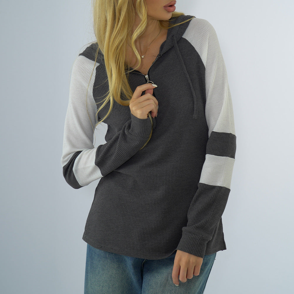 Spring Autumn Loose Hooded Stitching Drop Shoulder Solid Color T shirt with Long Sleeves Hoodie Women