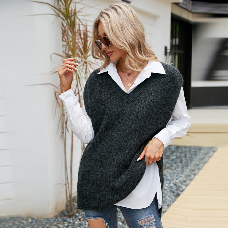 Autumn Winter Casual Vest Top Mid-Length Sleeveless V-neck Sweater Loose Outer Wear Knitted Vest