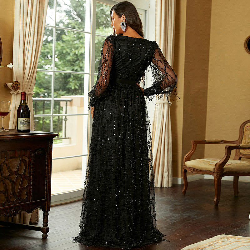 Adult Slit Black V-neck Long Sleeve Mesh Stitching Princess Elegant High-End Evening Dress for Women