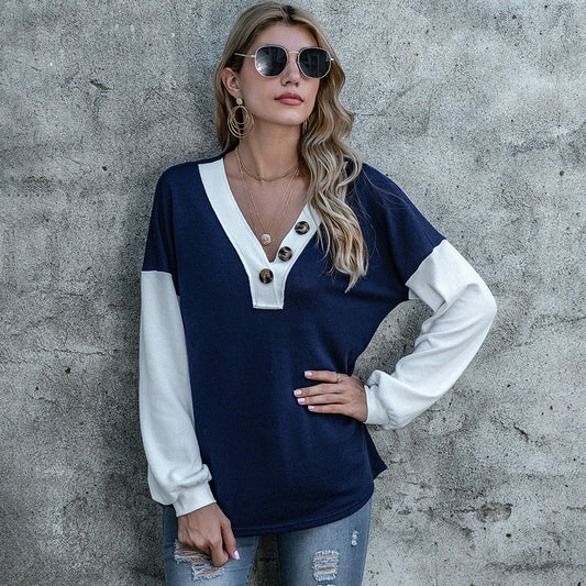 Spring Women Clothing V neck Double Breasted Solid Color Stitching Button Pullover Sweater T shirt  Women