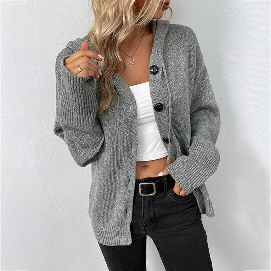 Solid Color Hooded Single-Breasted Sweater Women Autumn Winter Drawstring Knitted Cardigan Coat Women