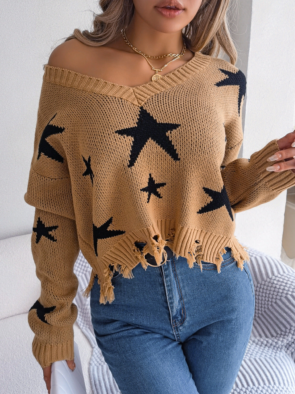 Autumn Winter Casual V neck Cut Long Sleeve Knitted Pullover Sweater Women Clothing