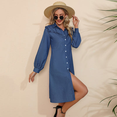 Spring Autumn Women Clothing Collared Wooden Ear Solid Color Denim Long Sleeve Dress