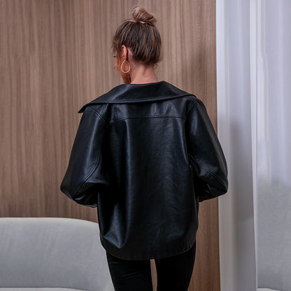 Fashion Autumn Street Hipster Faux Leather Jacket Long Sleeve Loose-Fitting Women Leather Coat