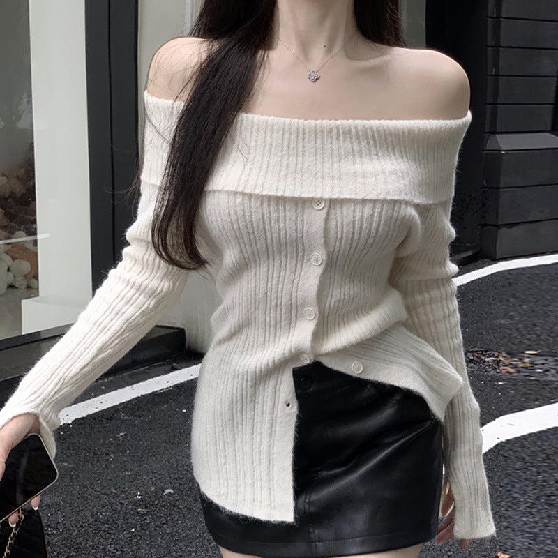 Sexy off-Shoulder Long-Sleeved Sweater Autumn Women  Sexy Slimming White Top Women