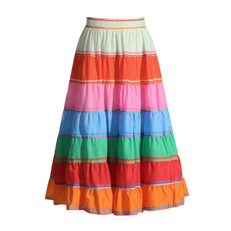 Vacation Rainbow Striped Skirt Autumn High Waist Stitching Colorful Loose Slimming   Midi Skirt for Women