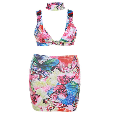 Women Clothing Summer Women Sexy Deep V Plunge Butterfly Print Slim Fit Hip Skirt Set
