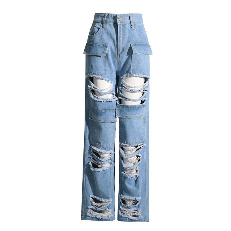 Ripped Frayed Stitching Jeans Women Summer High Waist Wide Leg Pants Loose Street Slimming Retro Straight Leg Trousers