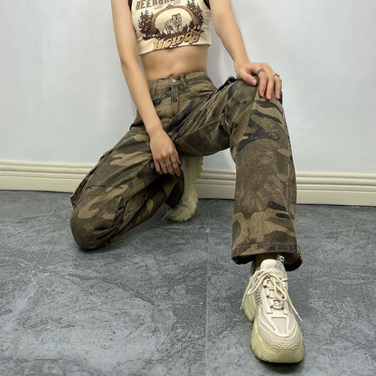 High Street Camouflage Workwear Personality Pocket Jeans Women Street Hipster Straight Leg Pants Trousers