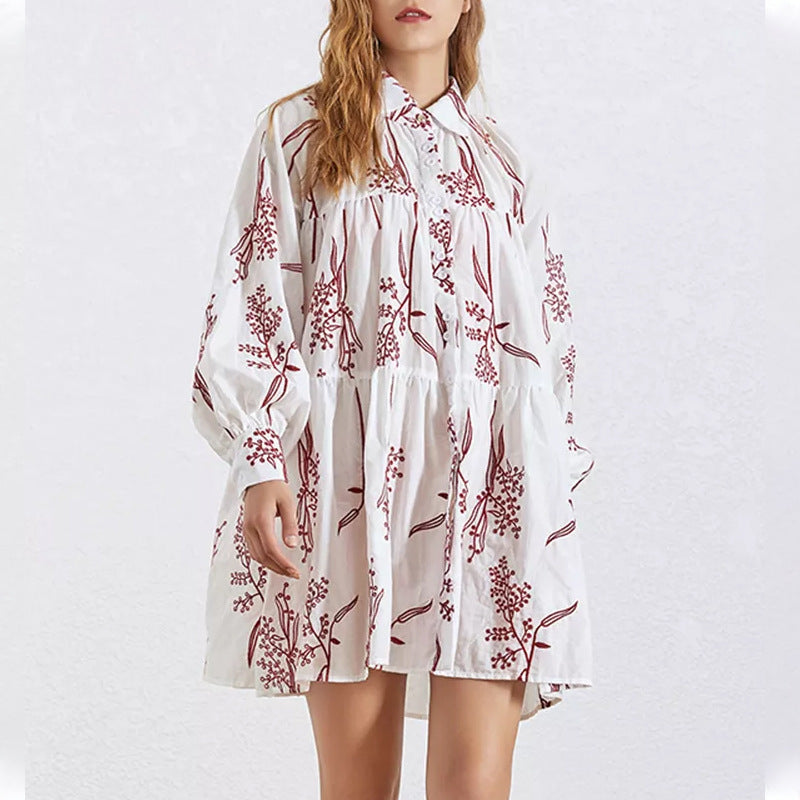 Sweet Collared Single Breasted Floral Embroidered Blouse Short Dress Spring Autumn