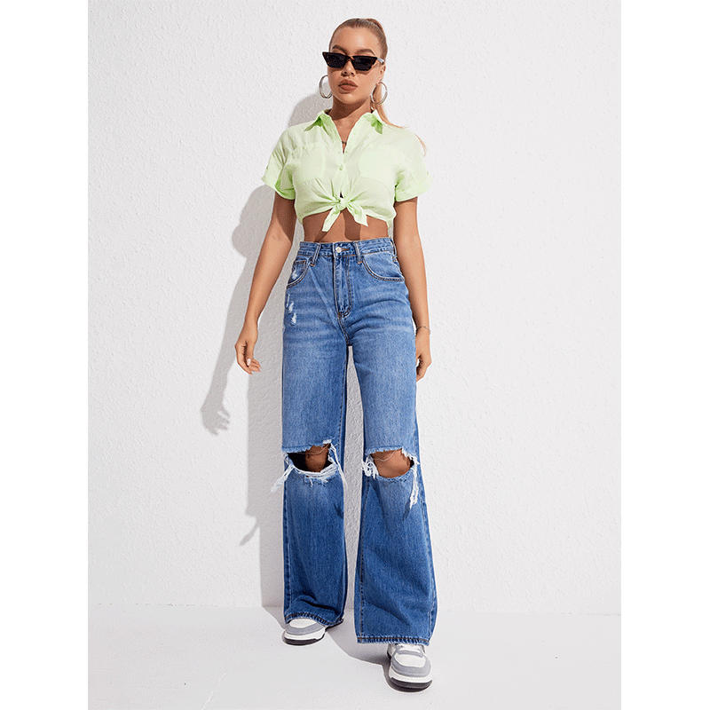 Denim Washed Women Casual Ripped Jeans Loose High Waist Wide Leg Trousers