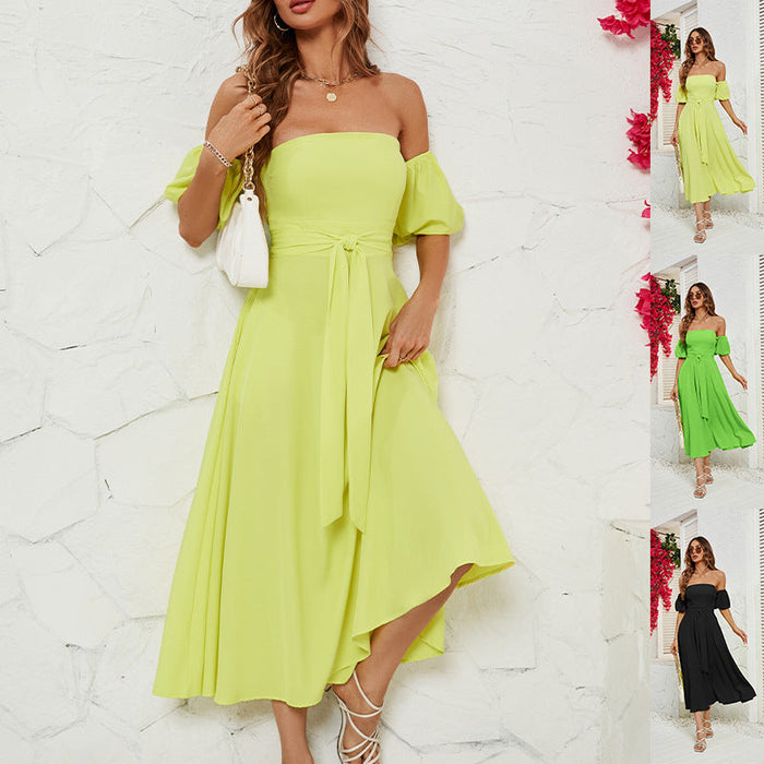 Summer Dress Vacation Bubble Sleeve Solid Color Split Dress for Women