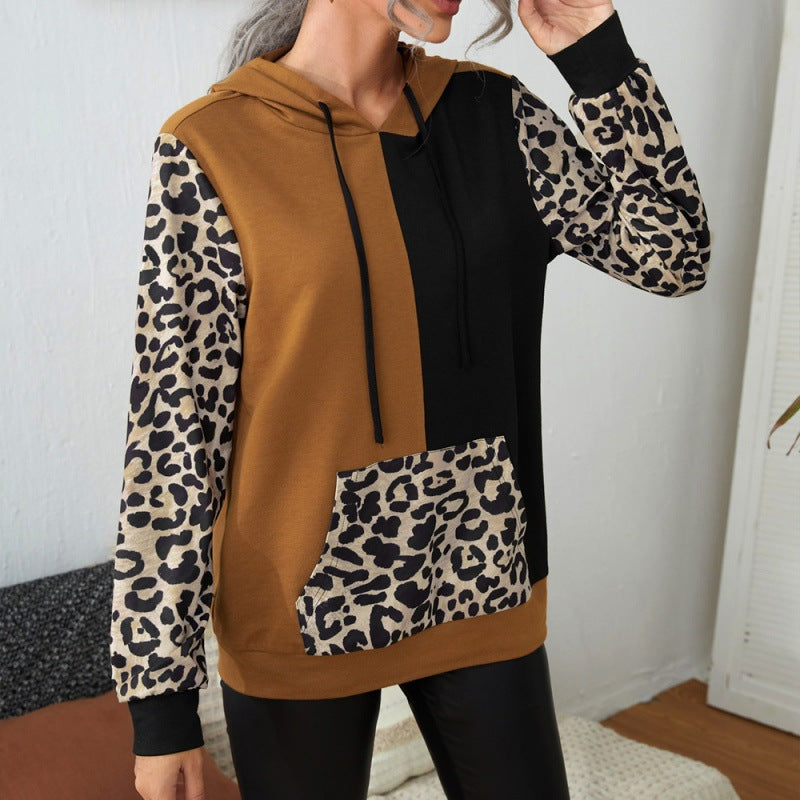 Casual Leopard Print Color Matching Long Sleeve round Neck Hooded  T-shirt Loose Stitch Contrast Color Hoodie Top Women
