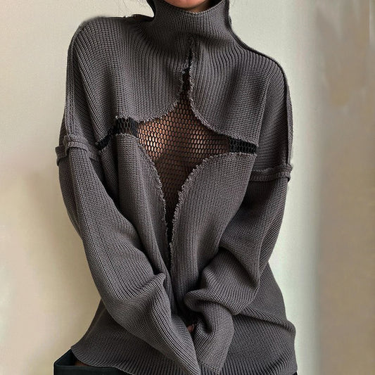 Autumn Winter Hollow Out Cutout Patchwork Mesh Loose High Collar Knitted Sweater Pullover
