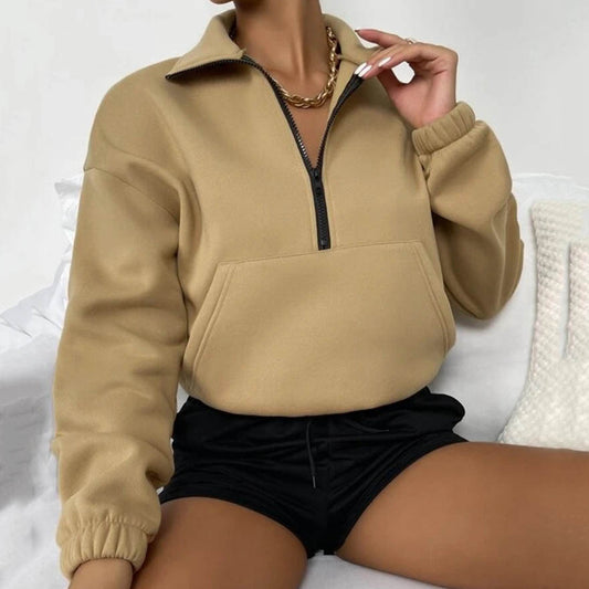 Autumn Women Clothing Loose Zip Collar Long Sleeve Sweatshirt Tops