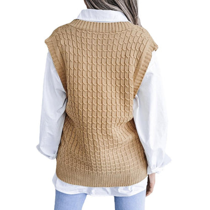 Women Pink Sweater V-neck Knitted Vest Vest Solid Color Women Top