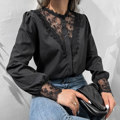 Autumn Winter Lace Shirt Lantern Sleeve Single Breasted Top