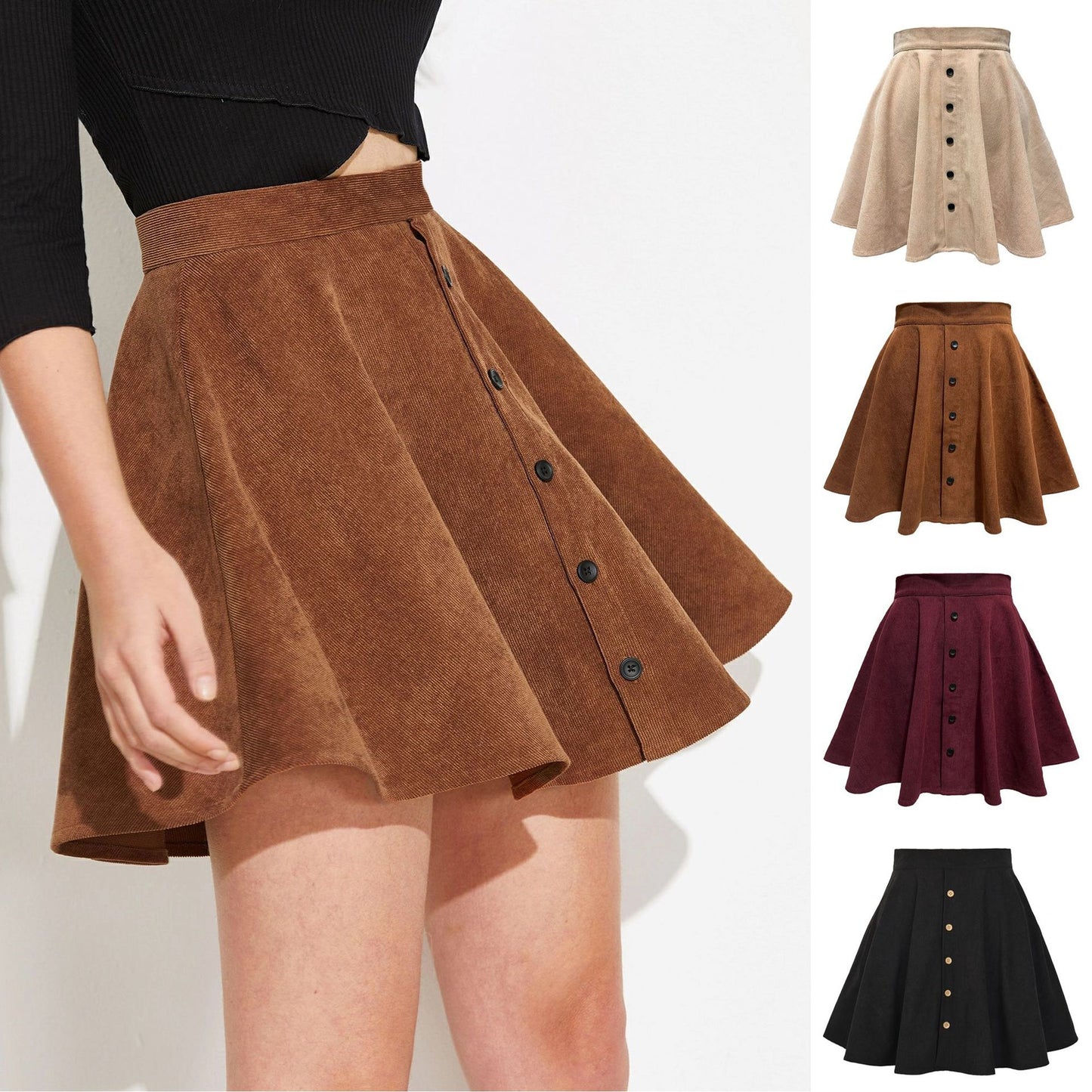 Women  Solid Color Corduroy Fall Winter Skirt Sweet Single Row Button High Waist Umbrella Skirt for Women