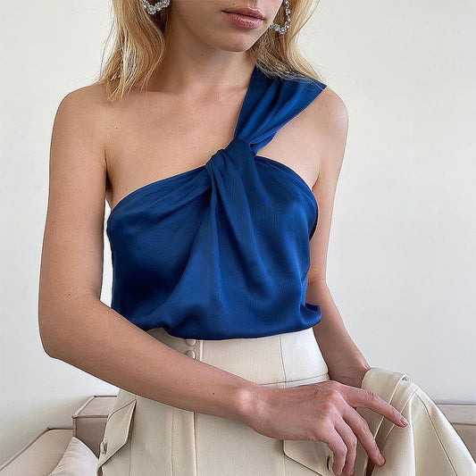Spring Vest Sexy Oblique Shoulder Satin Base Fashion Klein Blue Top Can Be Women Outerwear