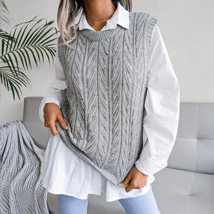 Autumn Winter round Neck Hollow Out Cutout Leaves Casual Knitted Vest Sweater Women Clothing