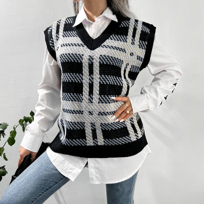 Women  Clothing Autumn Winter Knitted Vest Casual Plaid Sweater