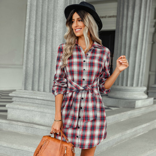 Autumn Winter Lace-up Waist-Controlled Shirt Short  Women Clothing Plaid Dress