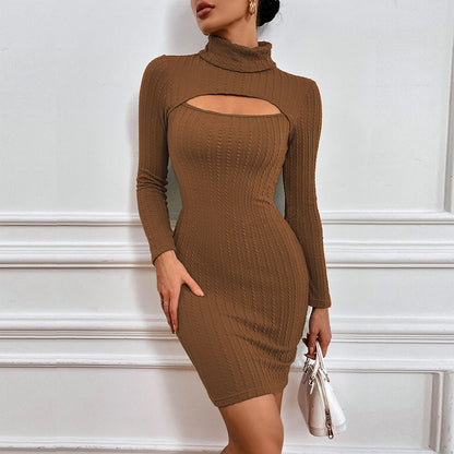 Women Clothing Sexy Hollow Out Cutout Slim Hip  Texture Twist Fabric Long Sleeve Dress