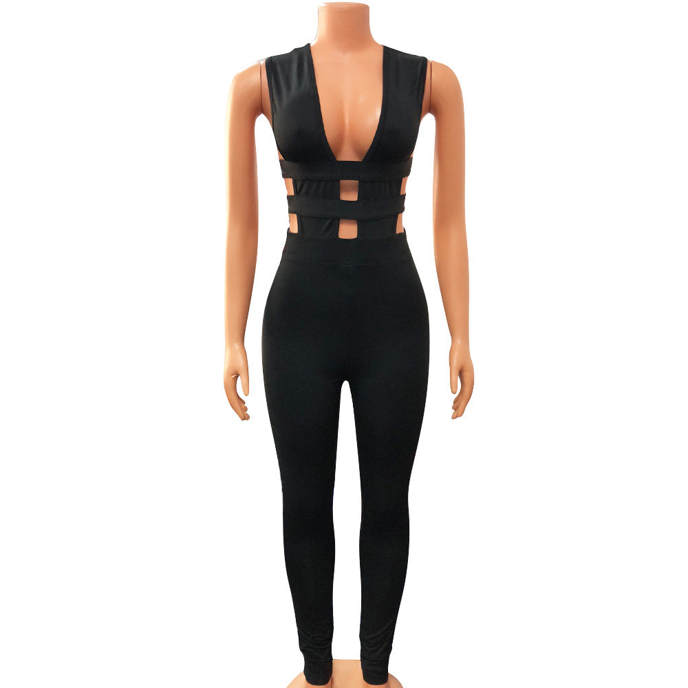 Autumn Winter Women Clothing Hollowed out Stitching Sexy V neck Sleeveless Tight Jumpsuit