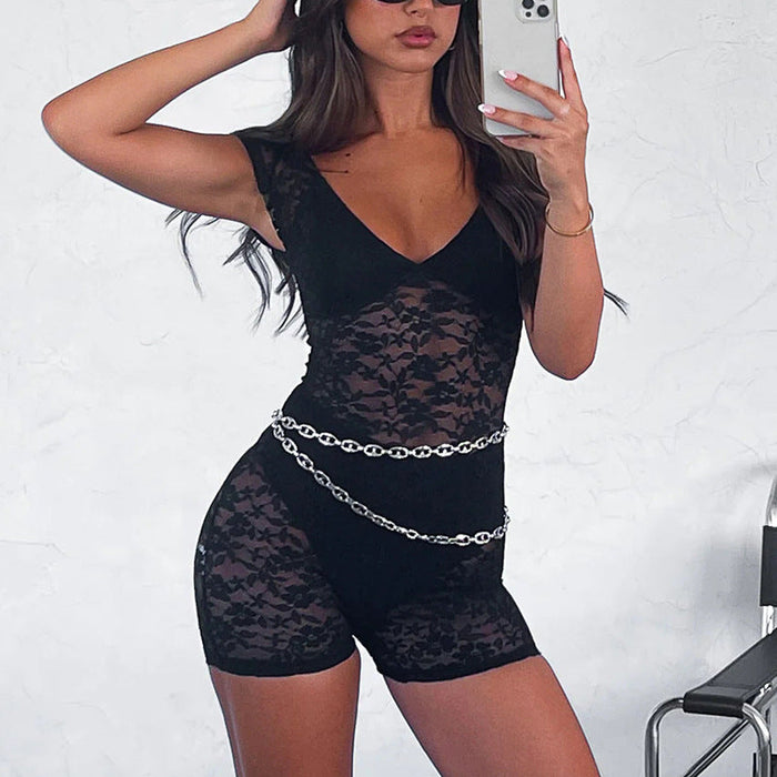 Spring Summer Sexy Tight See through Embroidery Romper Women