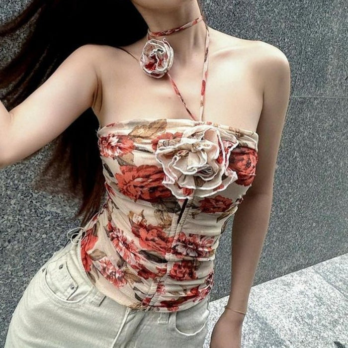 Spring Sweet Spicy French Romantic Rose Halter Slim Fit Tube Top Vest