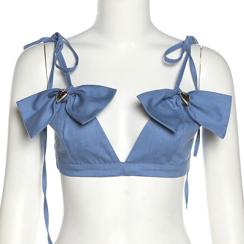 3D Bowknot Summer Trends Women Sling Backless Slim Fit Solid Color Denim Vest