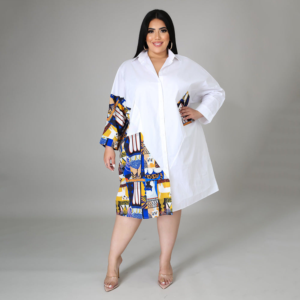 Plus Size Women Shirt Dress Loose Summer Printing Stitching Office Characteristic