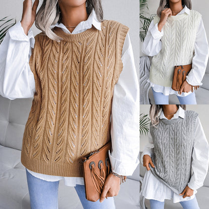 Autumn Winter round Neck Hollow Out Cutout Leaves Casual Knitted Vest Sweater Women Clothing