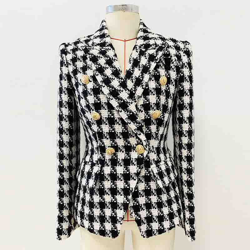 Autumn Winter Double-Breasted Slim Houndstooth Woolen Tweed Blazer Jacket