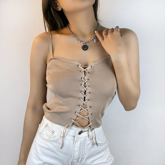 Retro Sexy Lace up Knitted Small Tank Top Vest Women Slim High Waist Short Inner Top